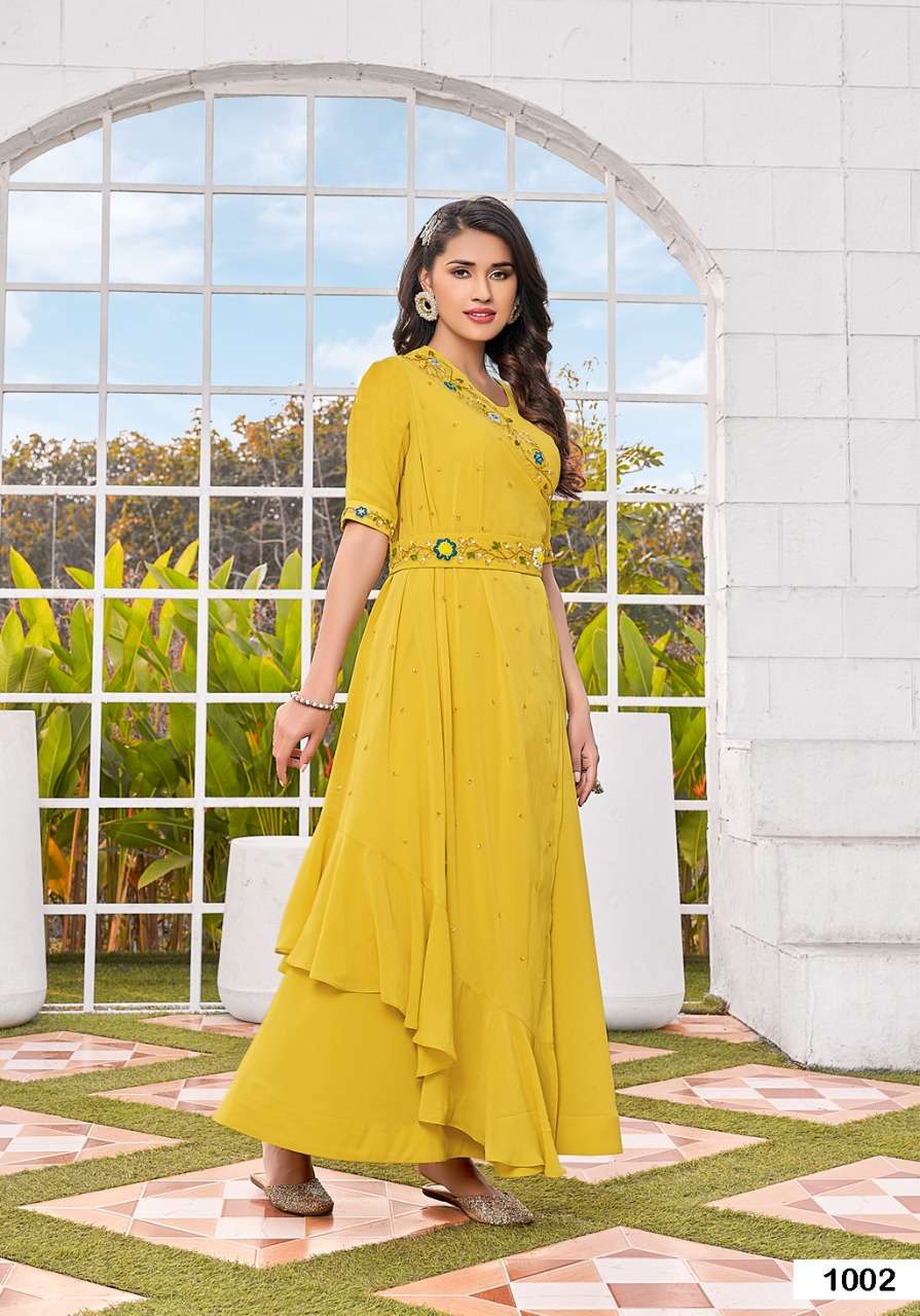 S3forever- Retro Vol 1-Fabric-Gorgette-Handwork-Long-Gown-Kurti-With Inner-1002